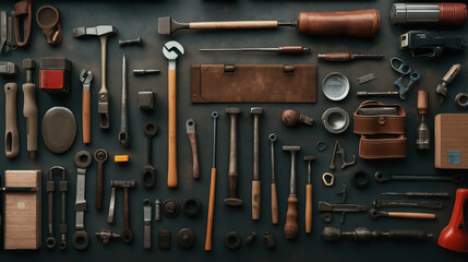 Obraz premium Flat lay of assorted vintage hand tools including hammers, wrenches, screwdrivers, and pliers on a wooden surface