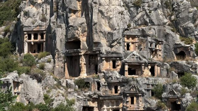 Ruins of the Lycian rock tombs at the Myra Ancient City in Demre, Antalya Province, Turkey