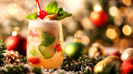 Stunningly Refreshing Coconut Christmas Mojito Highlighted with a Festive Background and Ultra Wild Shot Detail Capture