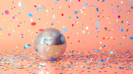 disco ball with colorful confetti scattered around it, pastel background. festive atmosphere of celebration, essence of retro-futuristic dance floor fun at New Year's