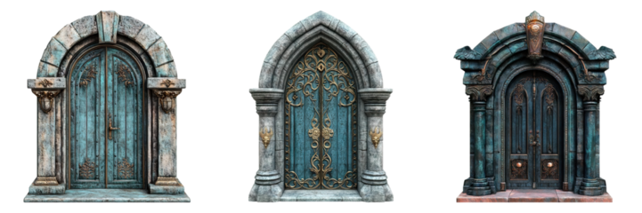 Beautiful fantasy door isolated on transparent background, Set of