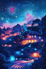 Vibrant night scene with fireworks and illuminated smart home
