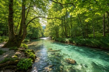 Fototapeta premium A serene river flows through a lush green forest in summer, reflecting sunlight on a peaceful afternoon in a natural paradise