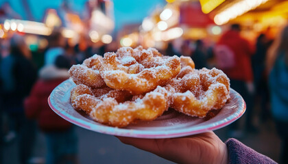 Plate of powdered sugar-coated funnel cakes at a lively fair