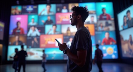 Man uses phone in front of digital wall. Multiple screens show various video content. Wall represents social media marketing visuals. Young man in casual wear looks at device. Stands near digital