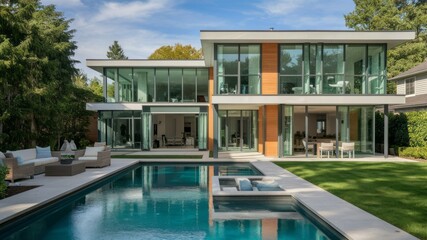Fototapeta premium Modern Luxury Home with Pool and Patio: A stunning contemporary home with expansive glass windows, a sparkling swimming pool, and a cozy patio with outdoor furniture.