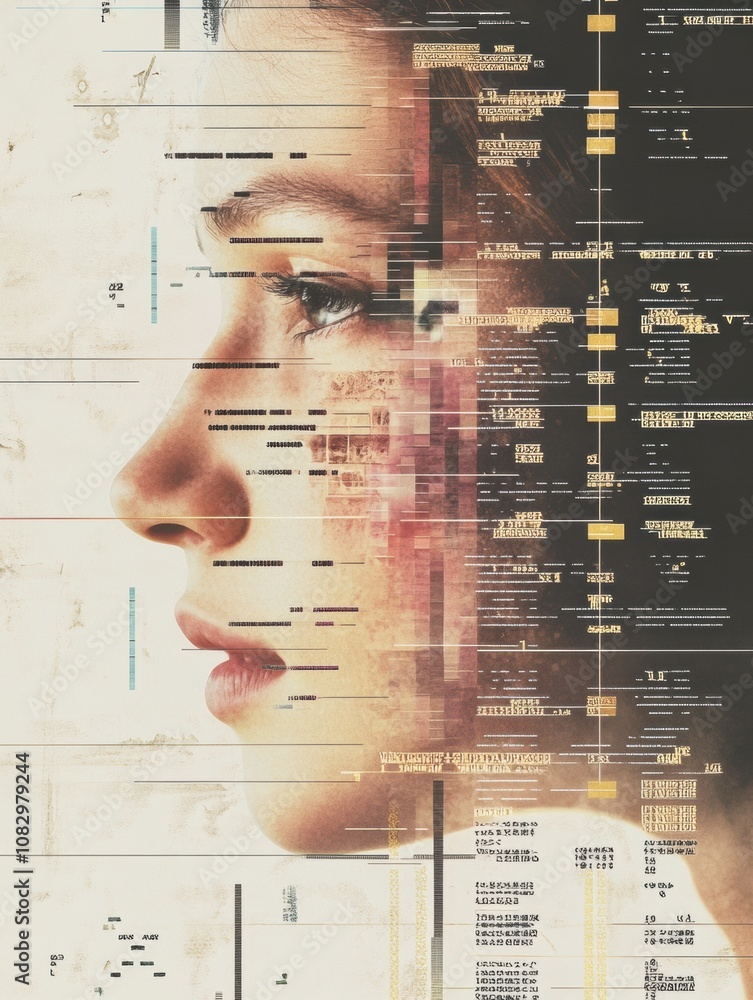 Poster a human profile is merged with genetic code, symbolizing the relationship between dna and personal i