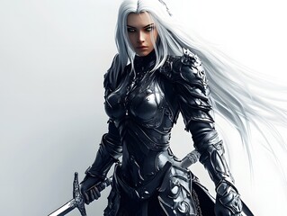 Naklejka premium Portrait of a fantasy heavily armored sexy dark elf female on white background