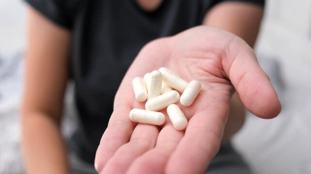 White capsules or Tablets in the hand and on the palm of a girl or woman, close-up. Taking vitamins, painkillers, medications, and dietary supplements.