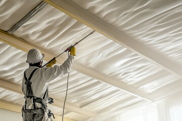 Workers spraying fireproofing material on Steel structure and ceilings inside a commercial building