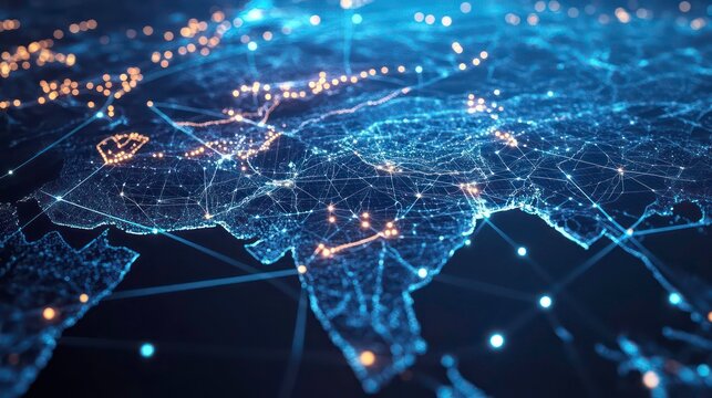 Abstract digital map of Asia with glowing lines and dots representing connection and communication.