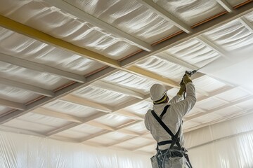 Workers spraying fireproofing material on Steel structure and ceilings inside a commercial building