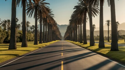 Fototapeta premium Palm Tree Lined Road: A picturesque road lined with towering palm trees stretches towards a distant mountain range, bathed in the golden glow of a setting sun.
