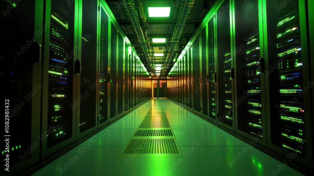 Aufkleber a long hallway inside a server room with rows of servers on both sides, lit with green lights.