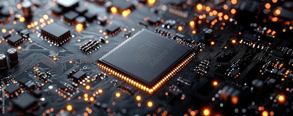 Poster close-up of high-tech circuit board with glowing microchip lights