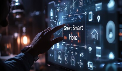 Businessman interacting with futuristic smart home technology interface