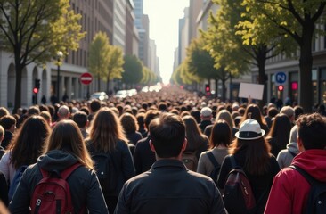 Crowd of anonymous people on street in city center, back view. Protesting demonstration holding signs. Freedom of speech