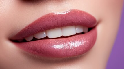 Fototapeta premium Lips permanent makeup close-up without teeth on a lilac background