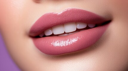Fototapeta premium Lips permanent makeup close-up without teeth on a lilac background