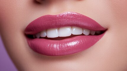 Fototapeta premium Lips permanent makeup close-up without teeth on a lilac background