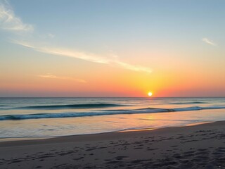 Obraz premium A serene landscape with a peaceful beach scene unfolds as the sun slowly dips into the sea at a breathtaking sunset, beauty, sunset, waves