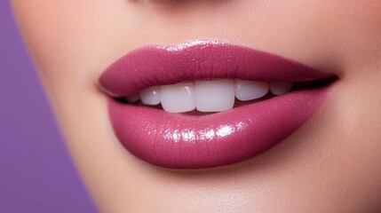 Fototapeta premium Lips permanent makeup close-up without teeth on a lilac background