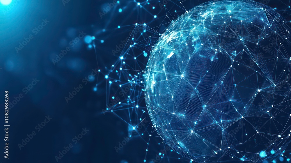 Aufkleber a 3d rendering of a glowing, blue, connected network globe on a dark background.