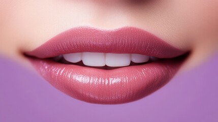 Fototapeta premium Lips permanent makeup close-up without teeth on a lilac background