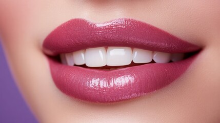 Fototapeta premium Lips permanent makeup close-up without teeth on a lilac background