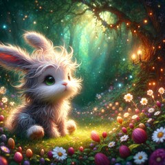 Baby bunny surrounded by flowers in a forest