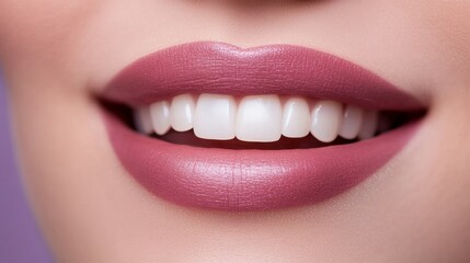 Obraz premium Lips permanent makeup close-up without teeth on a lilac background