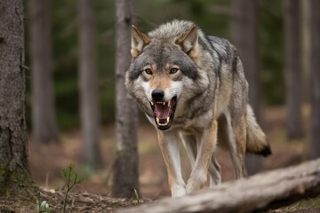 Obraz premium Wolf's Warning: A powerful grey wolf snarls with bared teeth, its piercing gaze locked on the viewer, amidst the dense, shadowy forest.