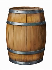 Obraz premium Wooden Barrel: A weathered wooden barrel with metal bands, isolated on a white background. Perfect for rustic, vintage, or industrial designs. 