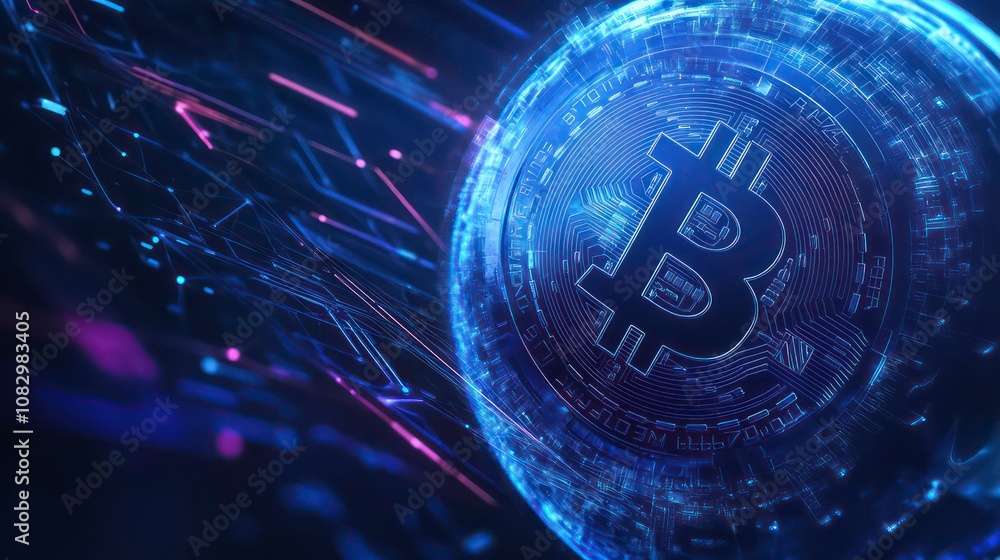 Poster a 3d rendering of a glowing bitcoin symbol, a popular cryptocurrency, surrounded by digital lines on
