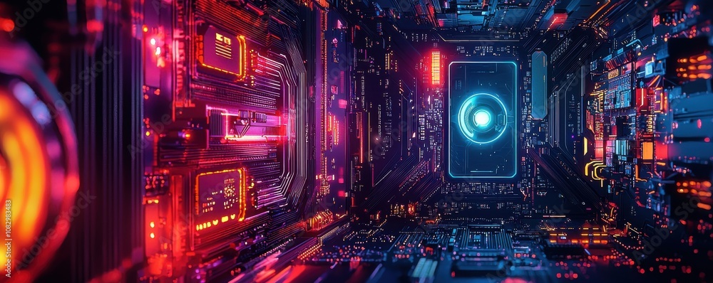Poster futuristic digital circuit board design with glowing lights and patterns