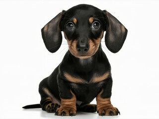 Obraz premium Tiny Dachshund Puppy Portrait: A captivating portrait of a black and tan Dachshund puppy with soulful eyes and a charming expression, the epitome of canine cuteness. 