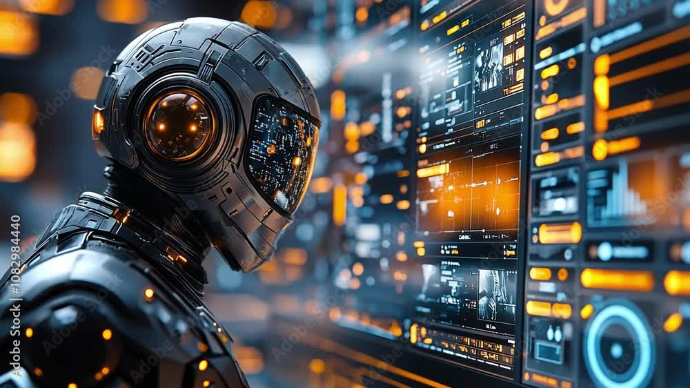 Poster a futuristic robot interacts with advanced technology displays in a high-tech environment