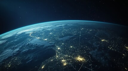 Obraz premium Night Earth from space, illuminated with lines of communication. Represents finance, global web, connectivity, and tech. 