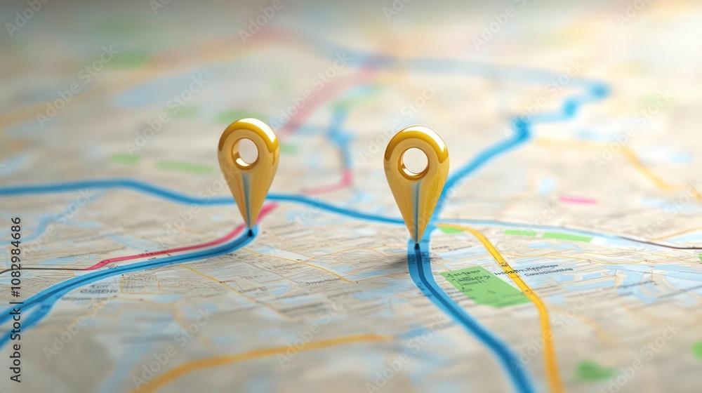 Poster two golden location pins on a map, indicating a route or journey, with blue lines connecting them.