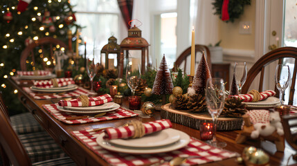 simple and cute Christmas table setting with red and white striped dishtowels, gold bells, tiny trees in glass jars, brass candle holders with candles on top of the wooden candle holder