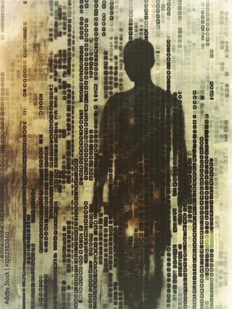 Poster a human silhouette overlays rows of genetic code, highlighting the connection between genetics and i