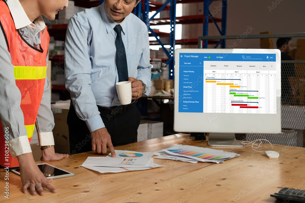 Poster project planning software for modish business project management on the computer screen showing time