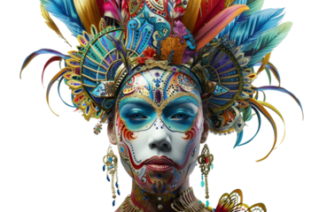 A woman with a colorful mask on her face
