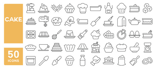 Set of 50 line icons related to cake, bake, dessert, cheesecake, cupcake, muffin, slice, cream, pie, Editable stroke. Vector illustration