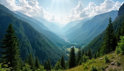 Obraz premium Mountain valley with forest. Carpathian Mountains in Ukraine. Green trees, blue sky with clouds. Nature landscape, environment, travel destination, eco tourism.