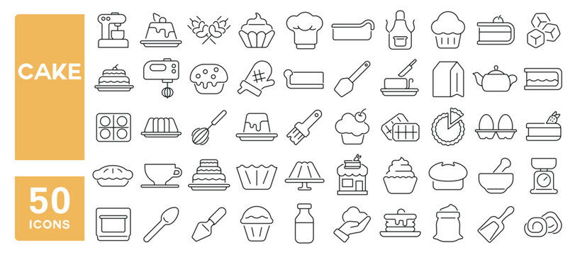 Set of 50 line icons related to cake, bake, dessert, cheesecake, cupcake, muffin, slice, cream, pie, Editable stroke. Vector illustration