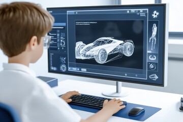 Young boy creating a 3D car model on a computer screen, showing early engagement in design and engineering.