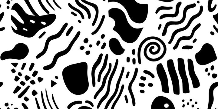 A bold and creative abstract pattern featuring black shapes and lines on a white background, ideal for modern design projects..