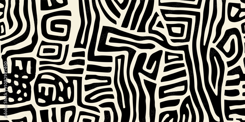 Poster abstract black and white pattern featuring intricate geometric lines and shapes, creating a maze-lik