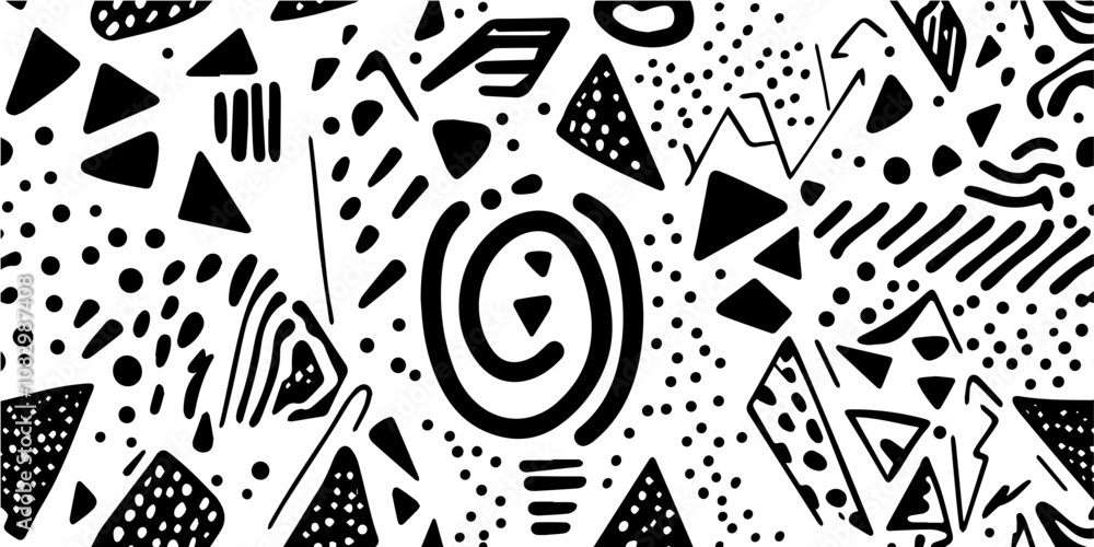 Poster a striking abstract design featuring a variety of geometric shapes and patterns in black and white..